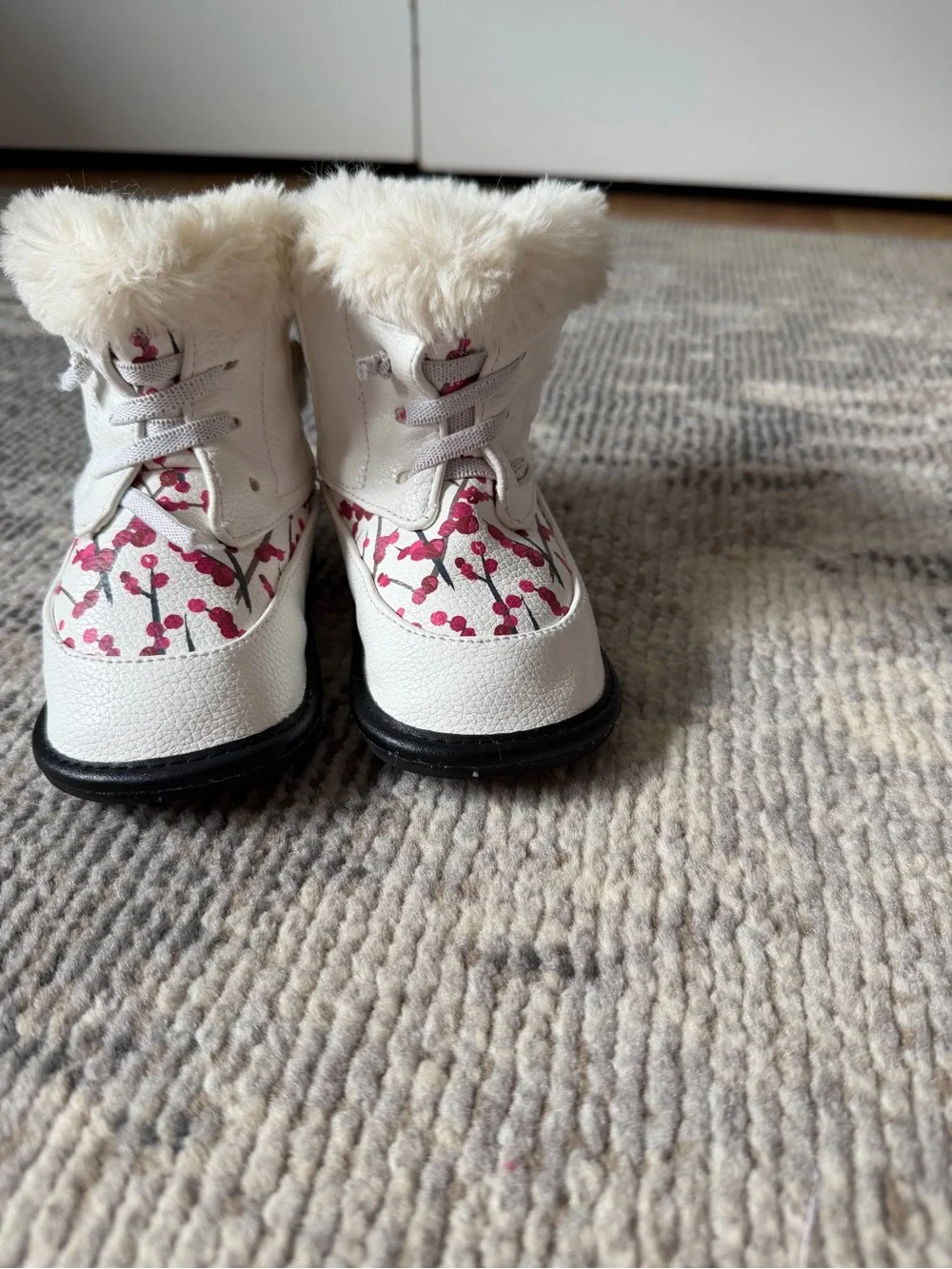 Girls White Winter Boots with Pink Floral Accent